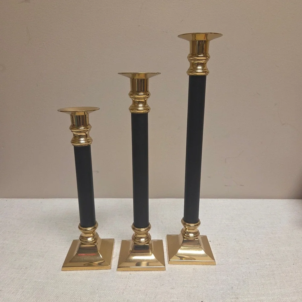 Decorative Crafts Inc Brass and Black Candlestick Holders Set of 3 Vintage Style